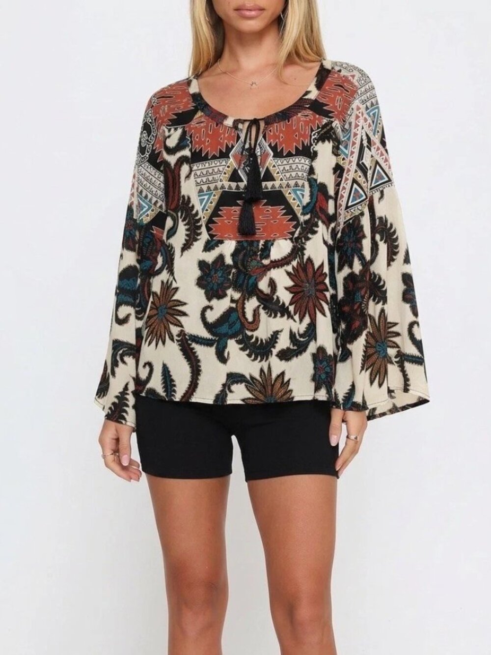 ANTHROPOLOGIE FIG & FLOWER Cream/Multicolor Azetec Boho 3/4 Sleeve Tunic Shirt M